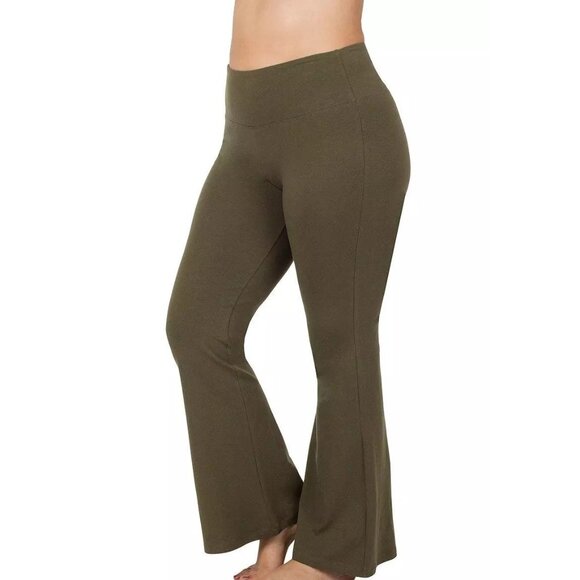 Zenana Pants - Zenana High Waisted Fold Over Yoga Flare Pants Size XL Dark Olive Athleisure Gym